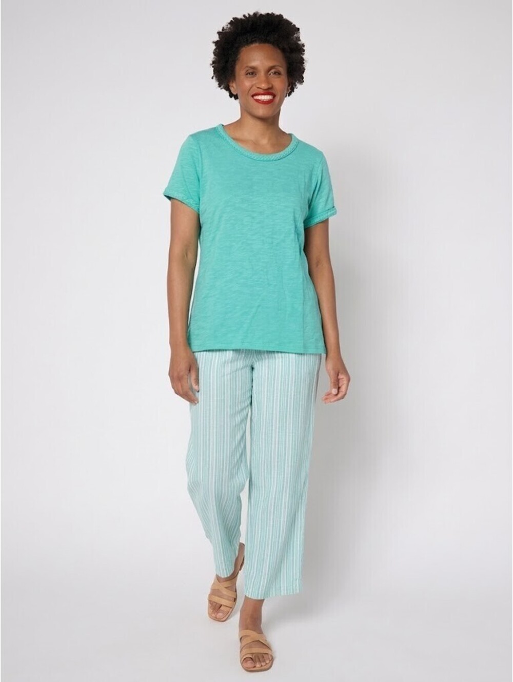 Belle by Kim Gravel Slub Knit Cape Cod Rope Trim Top And Pants Pool Blue, Medium